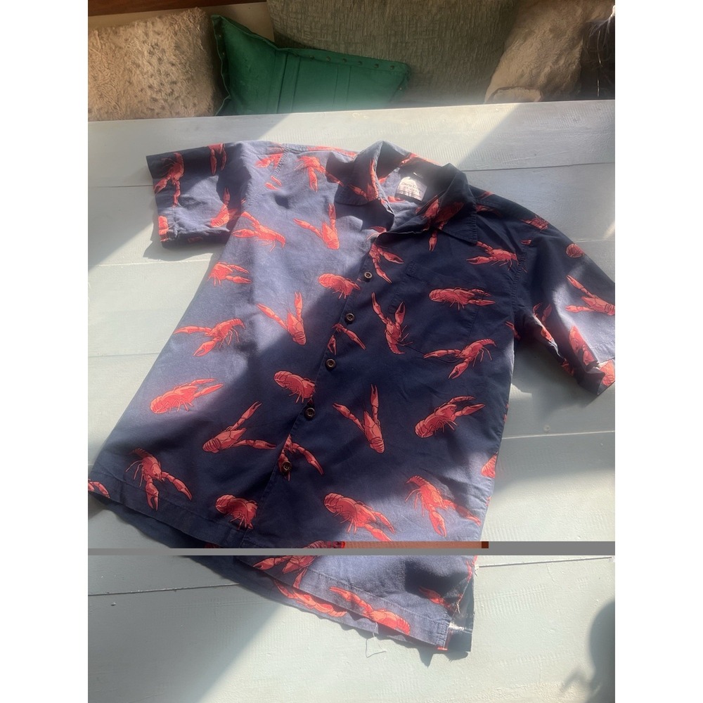 David Carey Lobster Print Button Up Shirt Navy Red Coastal Medium